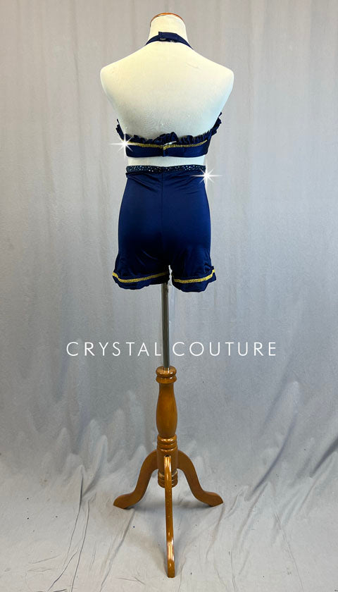 Custom Navy and Gold Halter Bra and High Waisted Shorts - Rhinestones