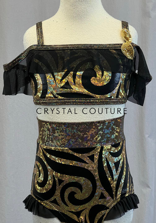 Custom Black and Gold Off Shoulder Top with Ruffled High Waisted Trunks