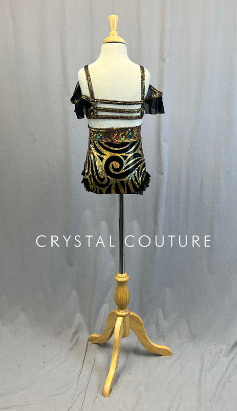 Custom Black and Gold Off Shoulder Top with Ruffled High Waisted Trunks