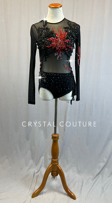 Custom Black Mesh Long Sleeve Leotard with Appliques and Side Skirt - Rhinestones