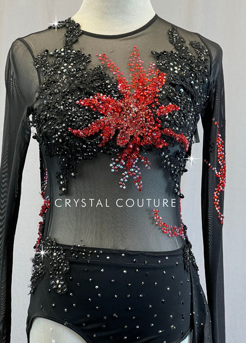 Custom Black Mesh Long Sleeve Leotard with Appliques and Side Skirt - Rhinestones