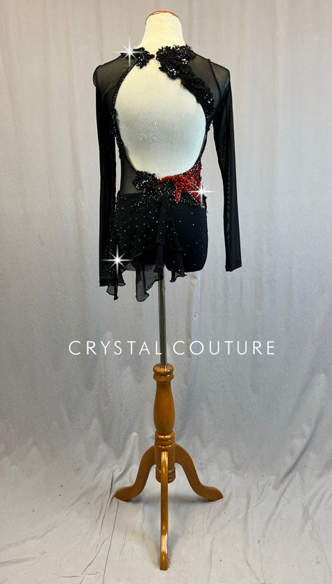 Custom Black Mesh Long Sleeve Leotard with Appliques and Side Skirt - Rhinestones