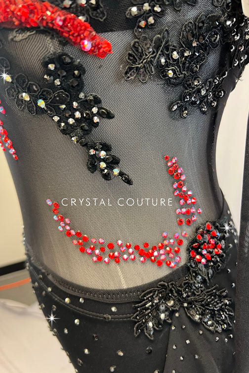 Custom Black Mesh Long Sleeve Leotard with Appliques and Side Skirt - Rhinestones