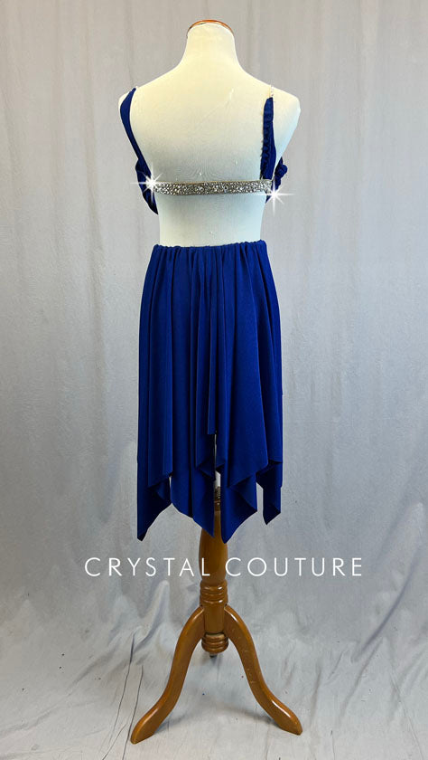 Custom Royal Blue Draped Bra Top and Trunks with Appliques and Back Skirt - Rhinestones