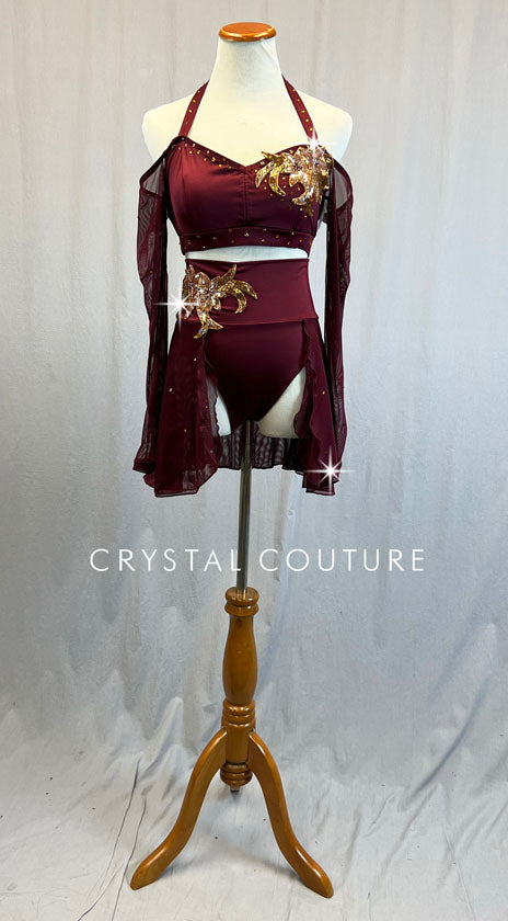 Custom Maroon Halter Top and Trunks with Mesh Sleeves and Back Skirt - Rhinestones