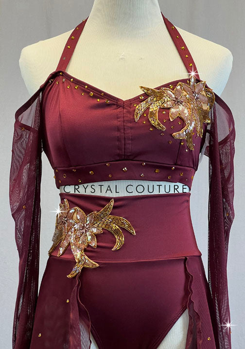 Custom Maroon Halter Top and Trunks with Mesh Sleeves and Back Skirt - Rhinestones