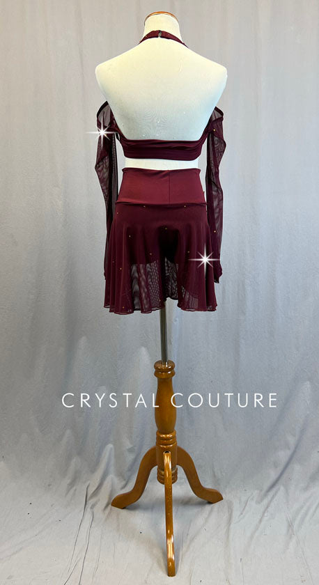 Custom Maroon Halter Top and Trunks with Mesh Sleeves and Back Skirt - Rhinestones