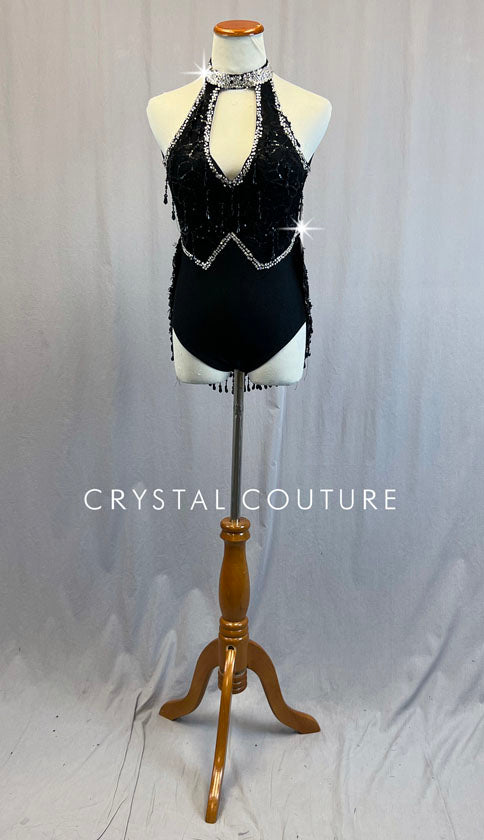 Custom Black Keyhole Leotard with Beaded Fringe and Blazer Jacket - Rhinestones