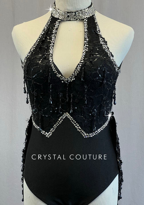 Custom Black Keyhole Leotard with Beaded Fringe and Blazer Jacket - Rhinestones