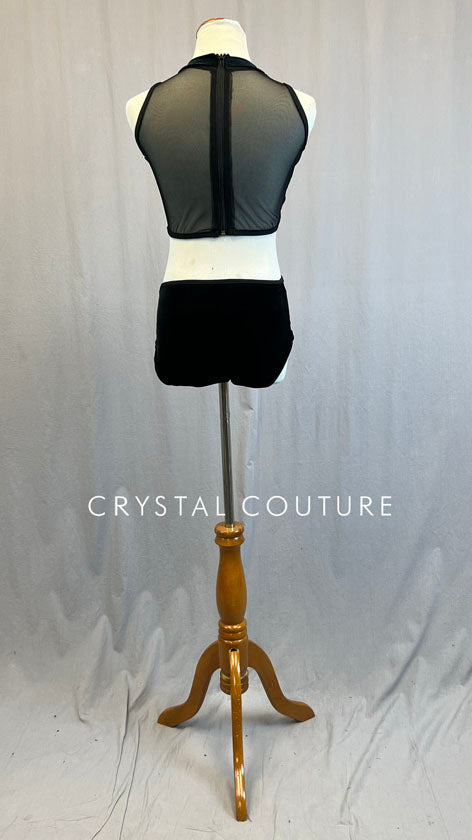 Custom Black Velvet Leotard with Side Cutouts and Mesh Zipper Back