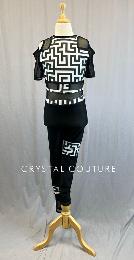 Custom Black and White Geometric Unitard with Mesh Cutouts