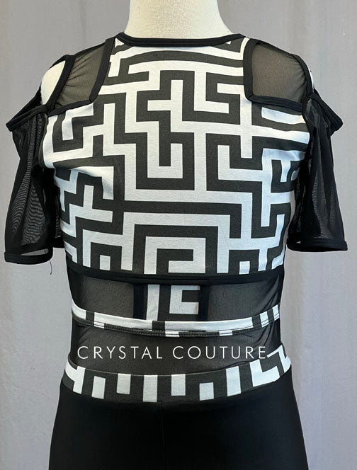 Custom Black and White Geometric Unitard with Mesh Cutouts
