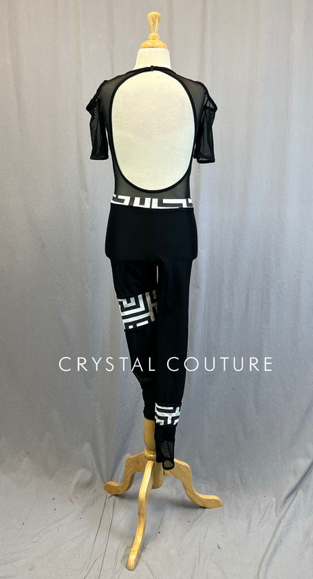 Custom Black and White Geometric Unitard with Mesh Cutouts