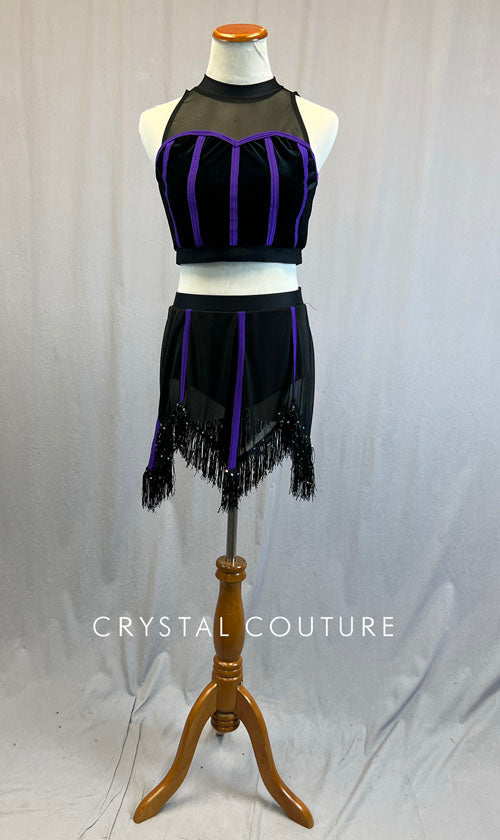Custom Black and Purple Velvet Bodice Top with Fringe Hem Skirt