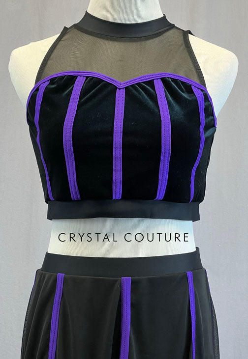 Custom Black and Purple Velvet Bodice Top with Fringe Hem Skirt