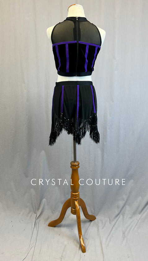 Custom Black and Purple Velvet Bodice Top with Fringe Hem Skirt