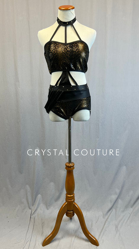 Custom Black and Gold Snake Print Connected Two Piece with Faux Leather Details - Rhinestones
