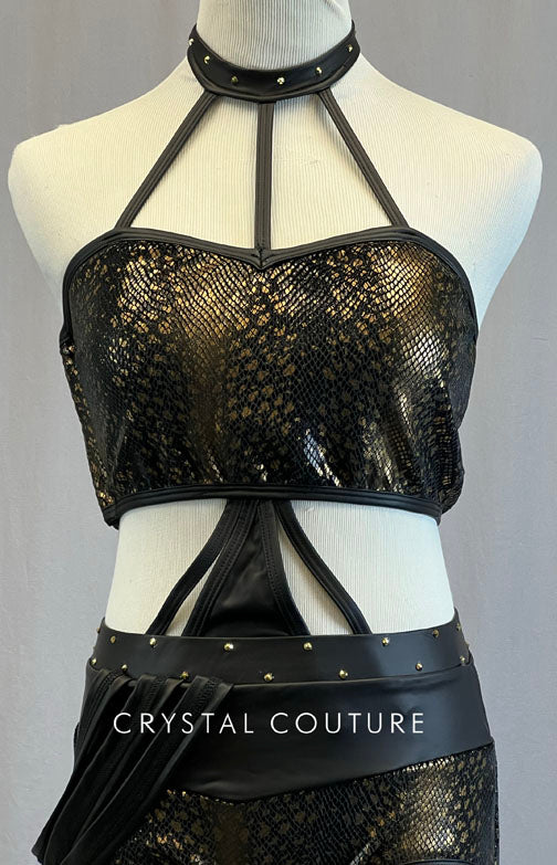 Custom Black and Gold Snake Print Connected Two Piece with Faux Leather Details - Rhinestones