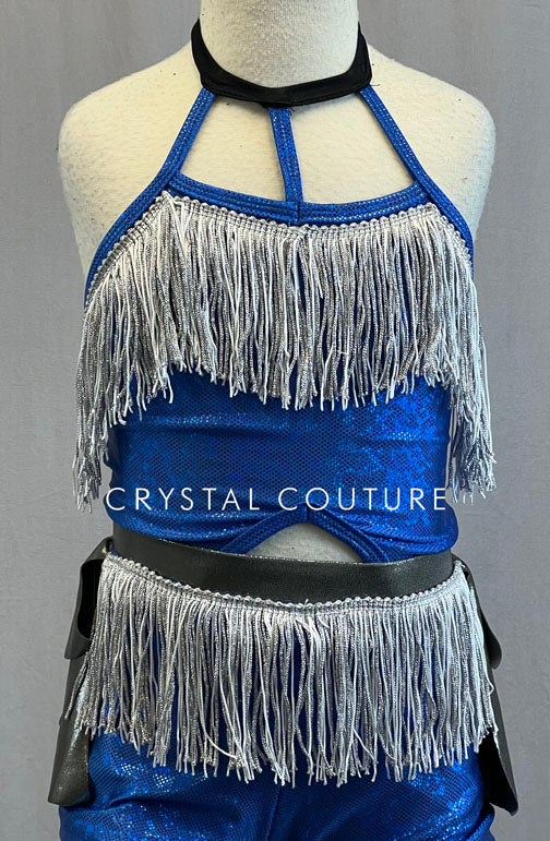Custom Royal Blue Holographic Biketard with Chrome Back Skirt and Fringe