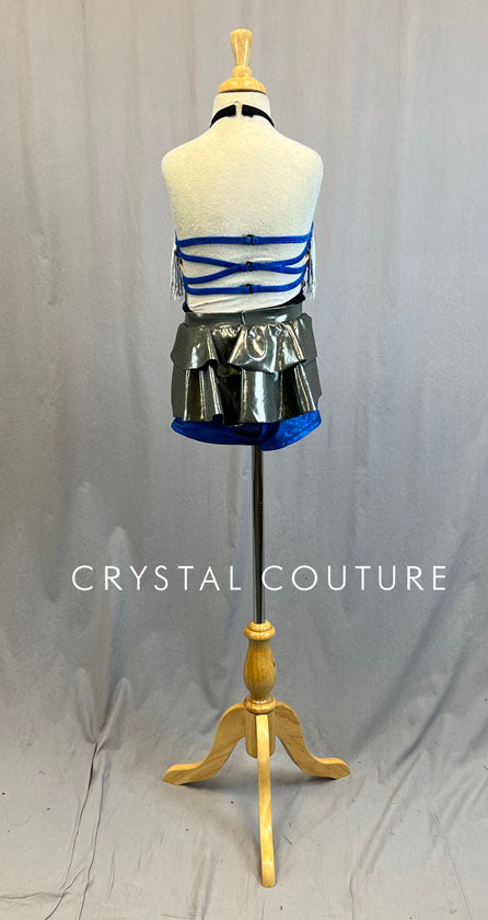 Custom Royal Blue Holographic Biketard with Chrome Back Skirt and Fringe