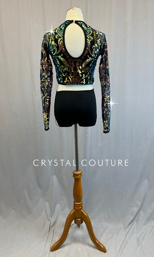 Custom Black Mesh Long Sleeve Top with Iridescent Sequins