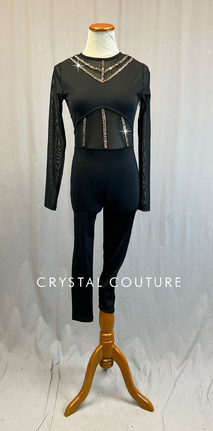 Black Unitard with Mesh Sleeves and Cutouts - Rhinestones