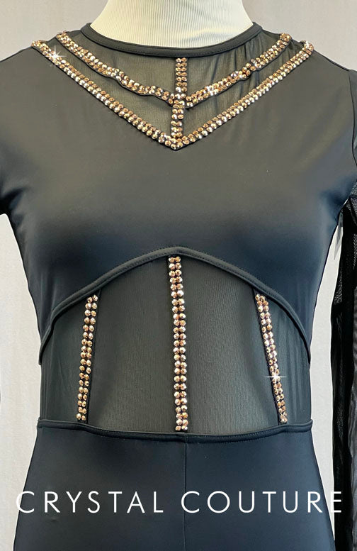 Black Unitard with Mesh Sleeves and Cutouts - Rhinestones