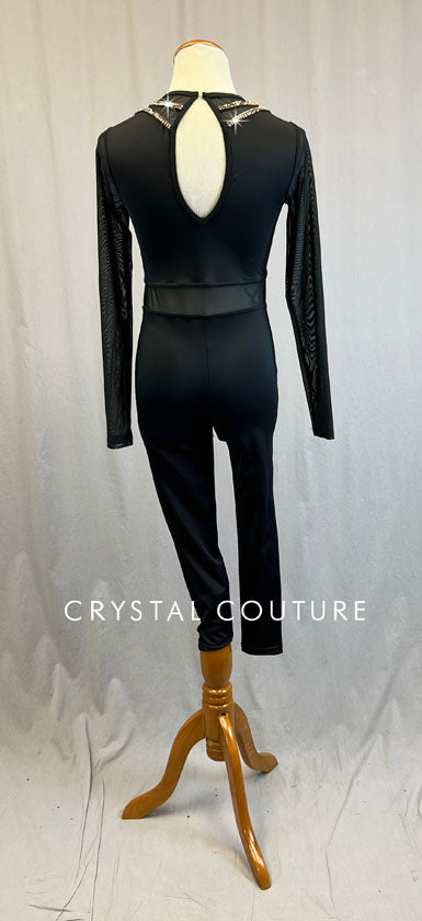 Black Unitard with Mesh Sleeves and Cutouts - Rhinestones