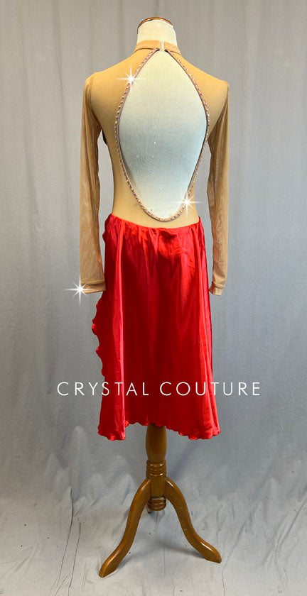 Nude Mock Neck Leotard with Red Appliques and Back Skirt - Rhinestones