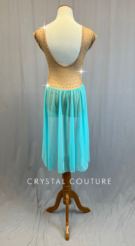 Nude Cap Sleeve Leotard with Aqua Lace and Back Skirt - Rhinestones