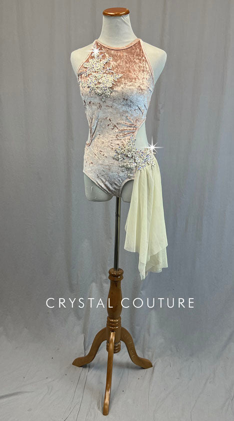 Light Pink Crushed Velvet Leotard with Ivory Appliques and Side Skirt - Rhinestones