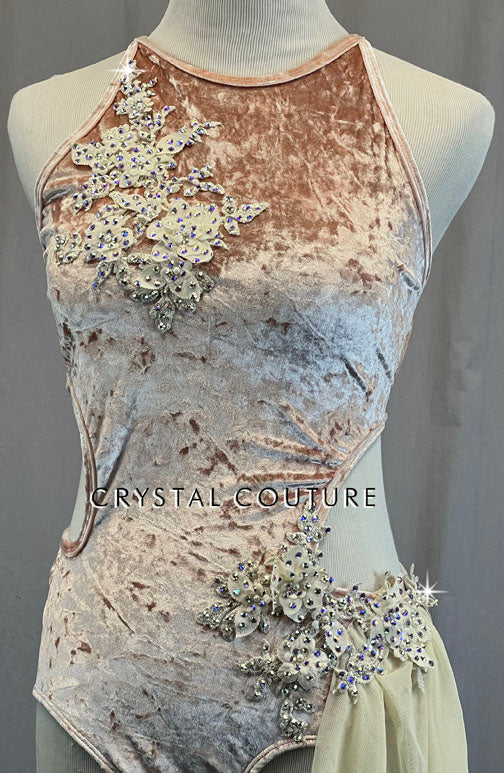 Light Pink Crushed Velvet Leotard with Ivory Appliques and Side Skirt - Rhinestones