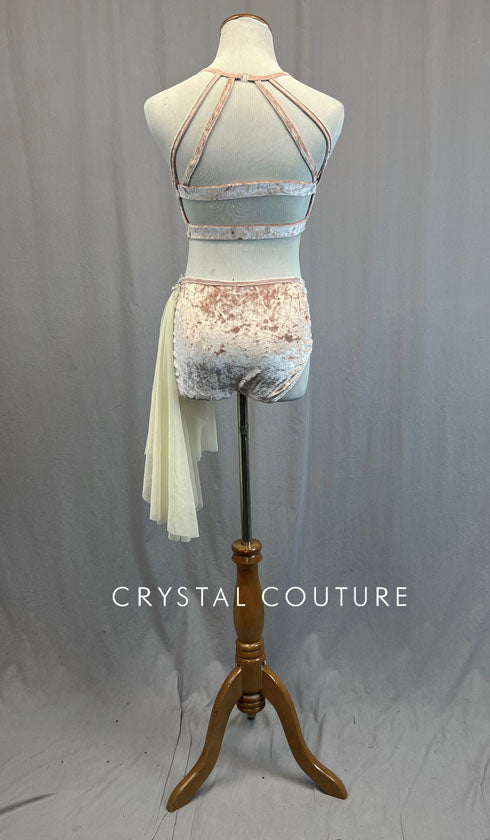 Light Pink Crushed Velvet Leotard with Ivory Appliques and Side Skirt - Rhinestones
