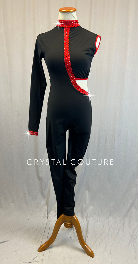 Black and Red Asymmetrical Unitard with Side Cutout - Rhinestones
