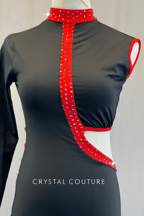 Black and Red Asymmetrical Unitard with Side Cutout - Rhinestones