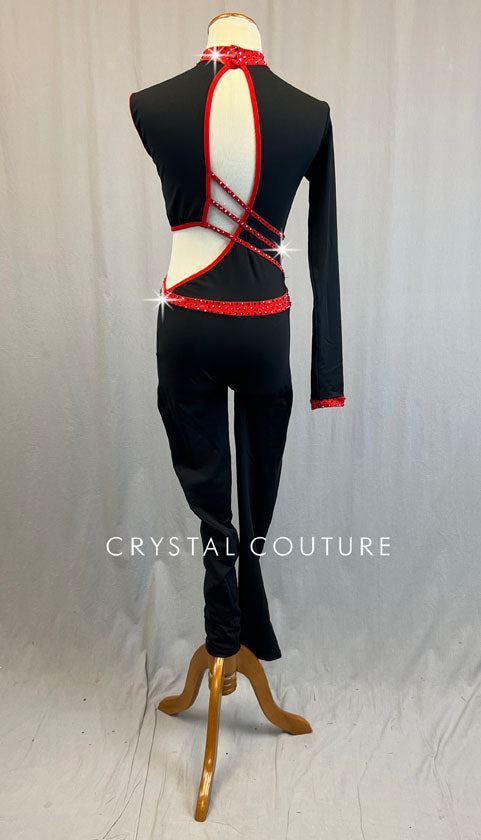 Black and Red Asymmetrical Unitard with Side Cutout - Rhinestones