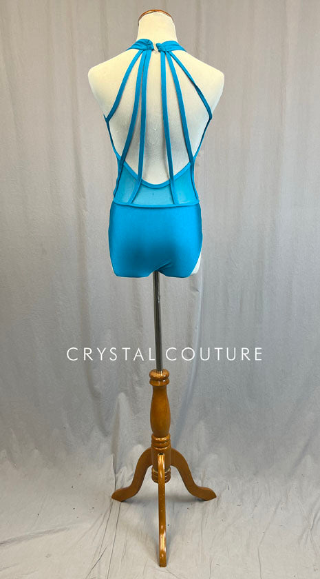 Bright Blue Strappy Leotard with Champagne Appliques - Rhinestones