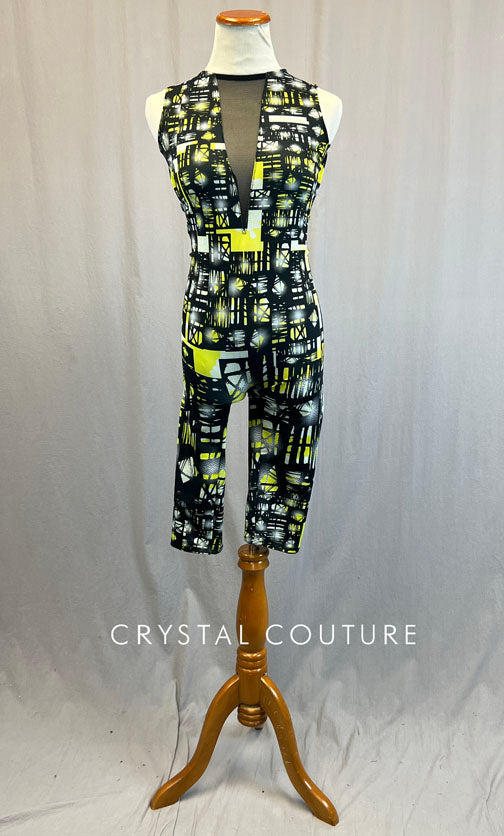 Black and Yellow Abstract Print Biketard with Mesh V Neck