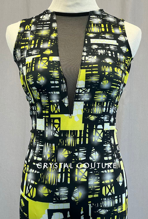 Black and Yellow Abstract Print Biketard with Mesh V Neck