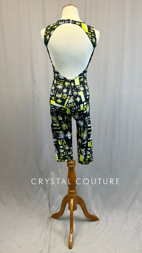 Black and Yellow Abstract Print Biketard with Mesh V Neck
