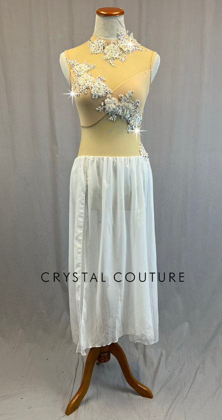 Nude Mock Neck Sleevesless Leotard with White Appliques and Long Skirt - Rhinestones