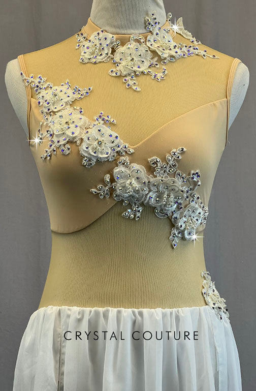 Nude Mock Neck Sleevesless Leotard with White Appliques and Long Skirt - Rhinestones