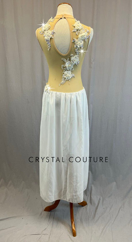 Nude Mock Neck Sleevesless Leotard with White Appliques and Long Skirt - Rhinestones
