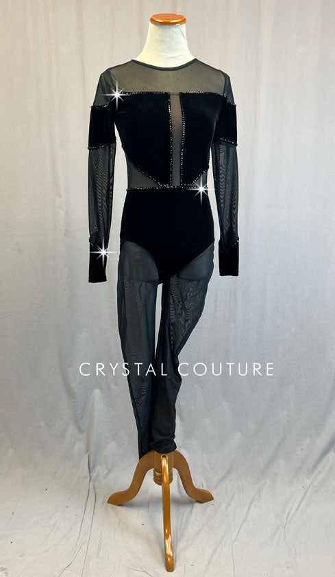 Black Mesh and Velvet Long Sleeve Unitard - Rhinestones – Crystal