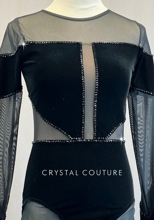 Black Mesh and Velvet Long Sleeve Unitard - Rhinestones