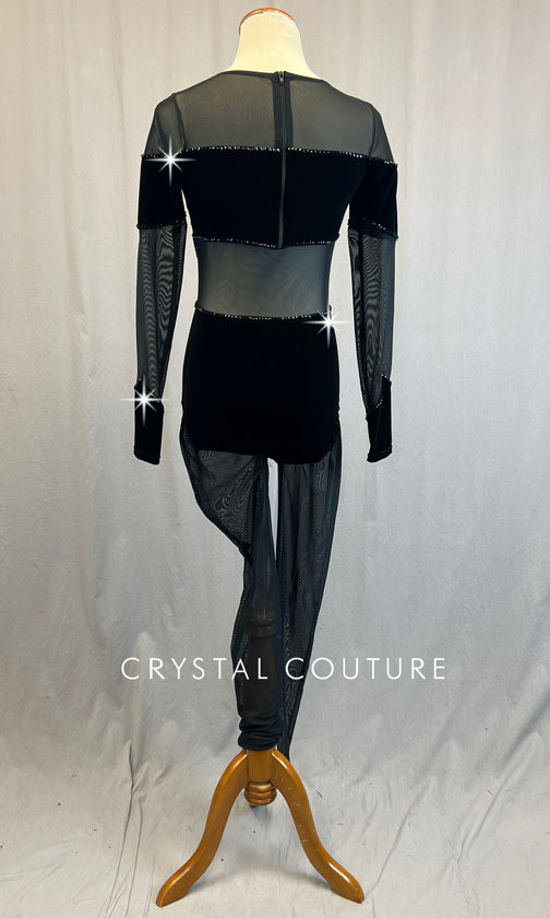 Black Mesh and Velvet Long Sleeve Unitard - Rhinestones