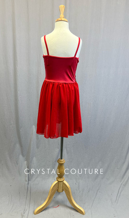 Red Camisole Leotard with Sweetheart Neckline and Circle Skirt - Rhinestones