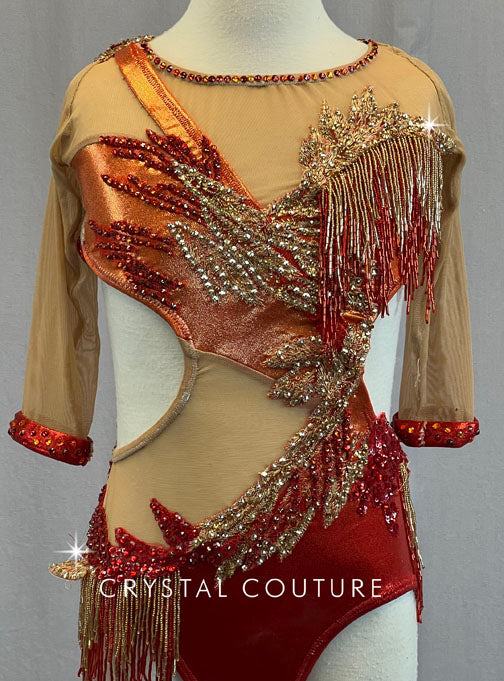 Custom Red and Orange Cutout Leotard with Appliques and Beaded Fringe - Rhinestones
