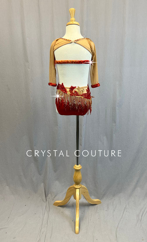 Custom Red and Orange Cutout Leotard with Appliques and Beaded Fringe - Rhinestones