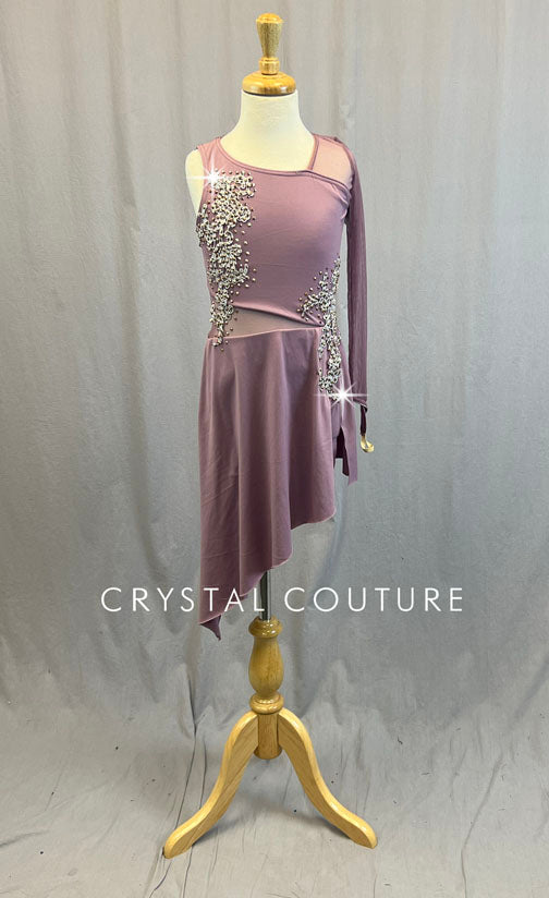 Mauve Leotard with Mesh sleeve and Asymmetrical Skirt - Rhinestones